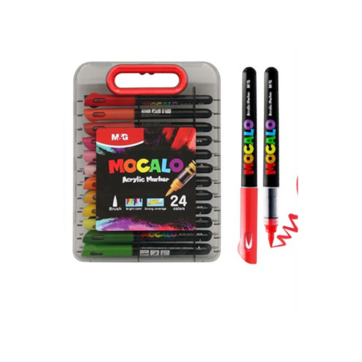 Elite Stationery House M&G MOCALO acrylic brush marker set of 24 vibrant colors in a portable plastic carry case