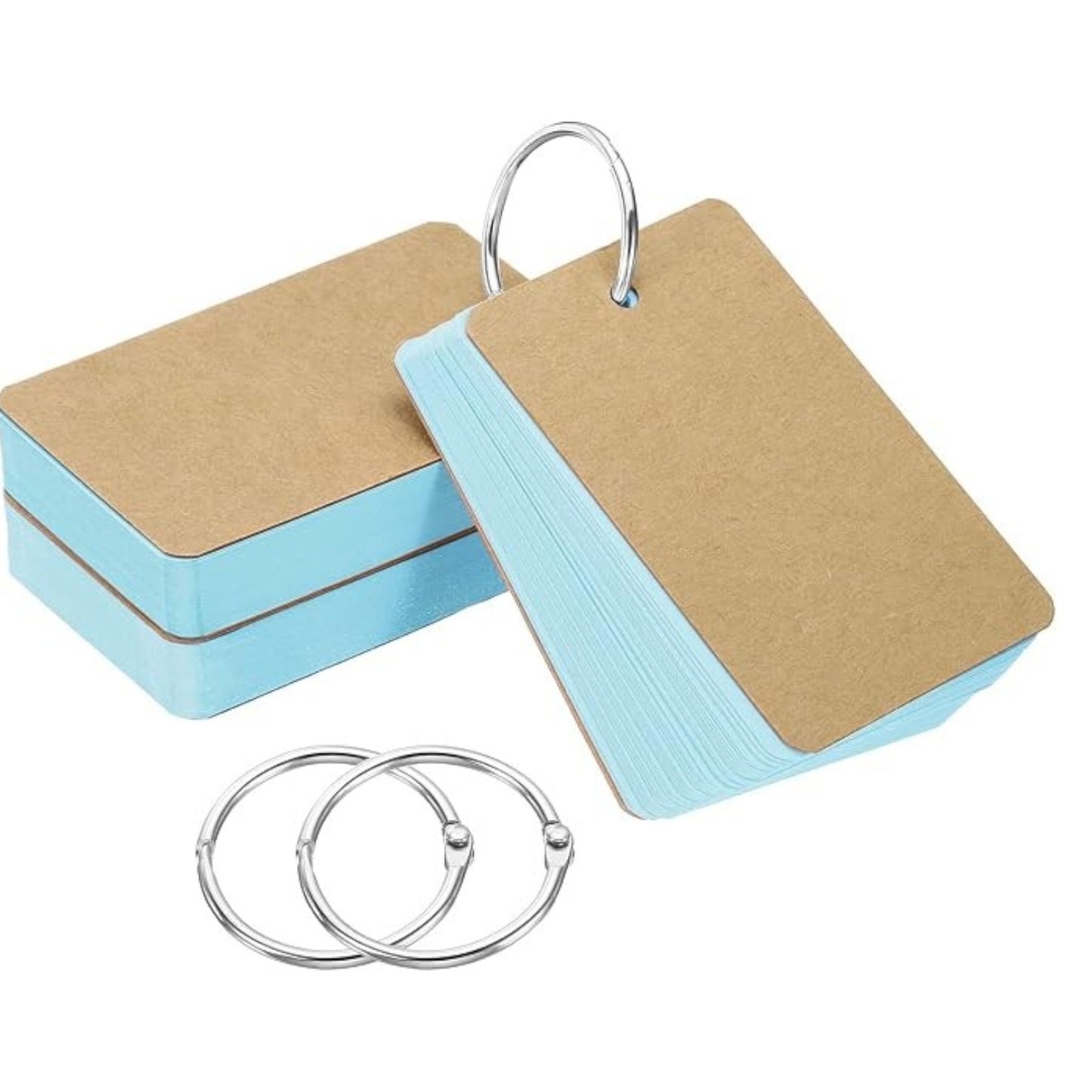 Elite Stationery House 150 pack of blue and brown paper study index cards with steel binder rings and rounded corners.