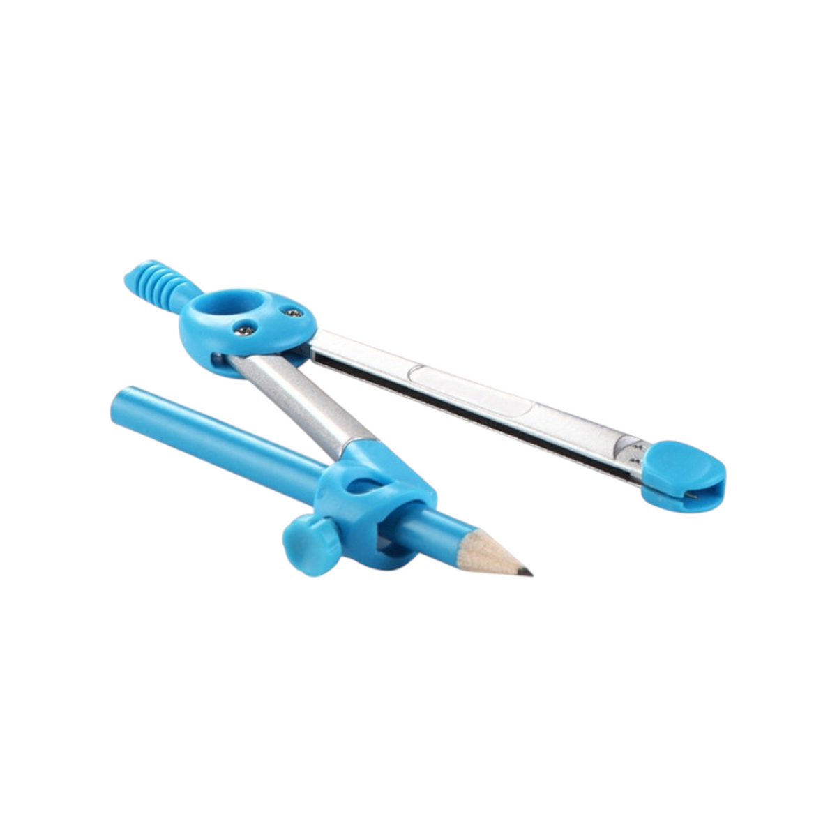 Elite Stationery House metal compass in bright blue with a graphite pencil, designed for precision geometry drawing.