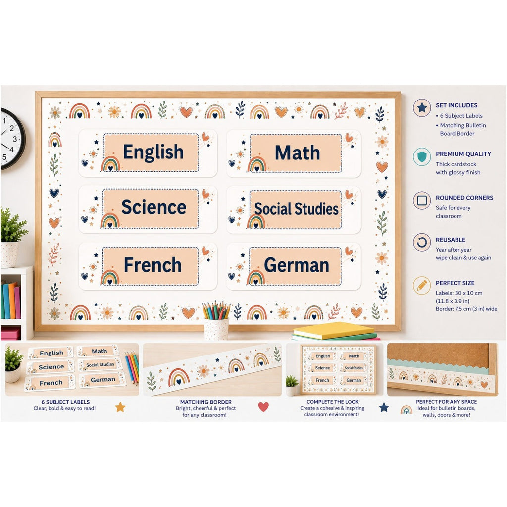 Elite Stationery House Boho Rainbow subject labels set of 6 with neutral tones and hand-drawn classroom designs