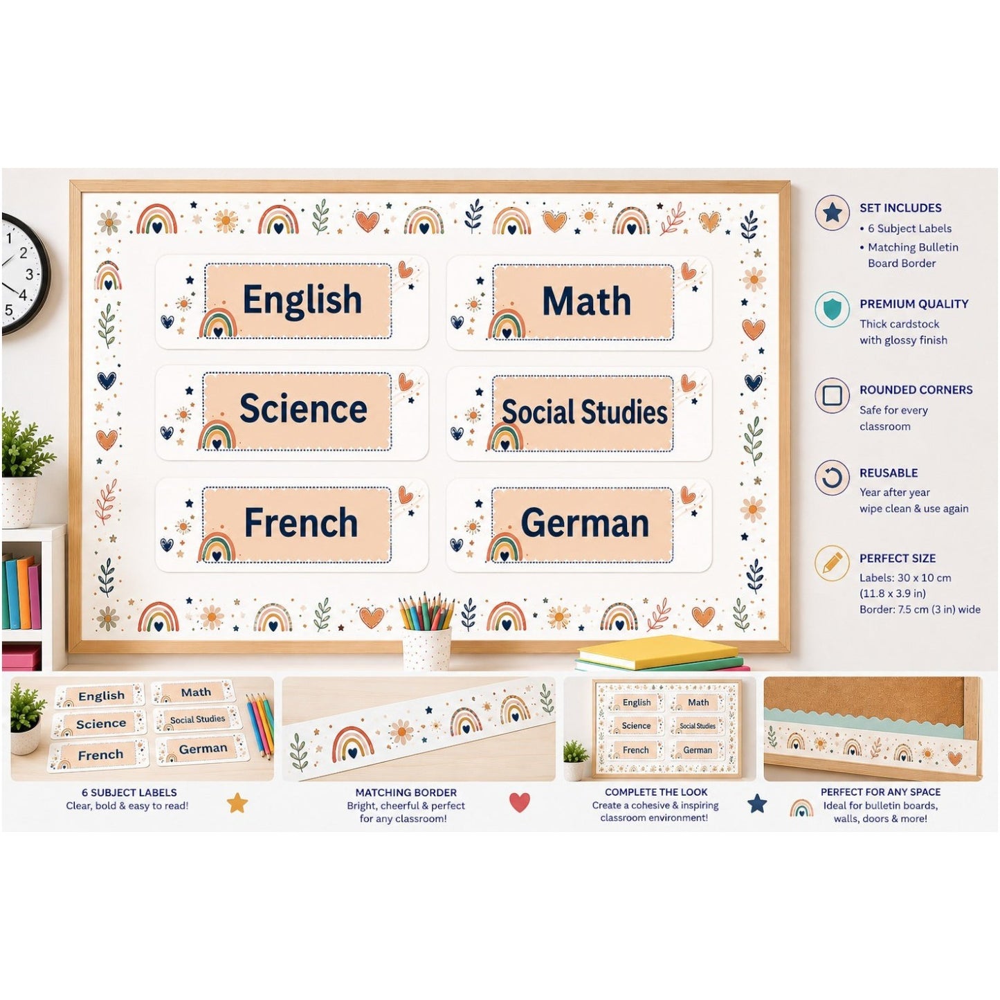 Elite Stationery House Boho Rainbow subject labels set of 6 with neutral tones and hand-drawn classroom designs