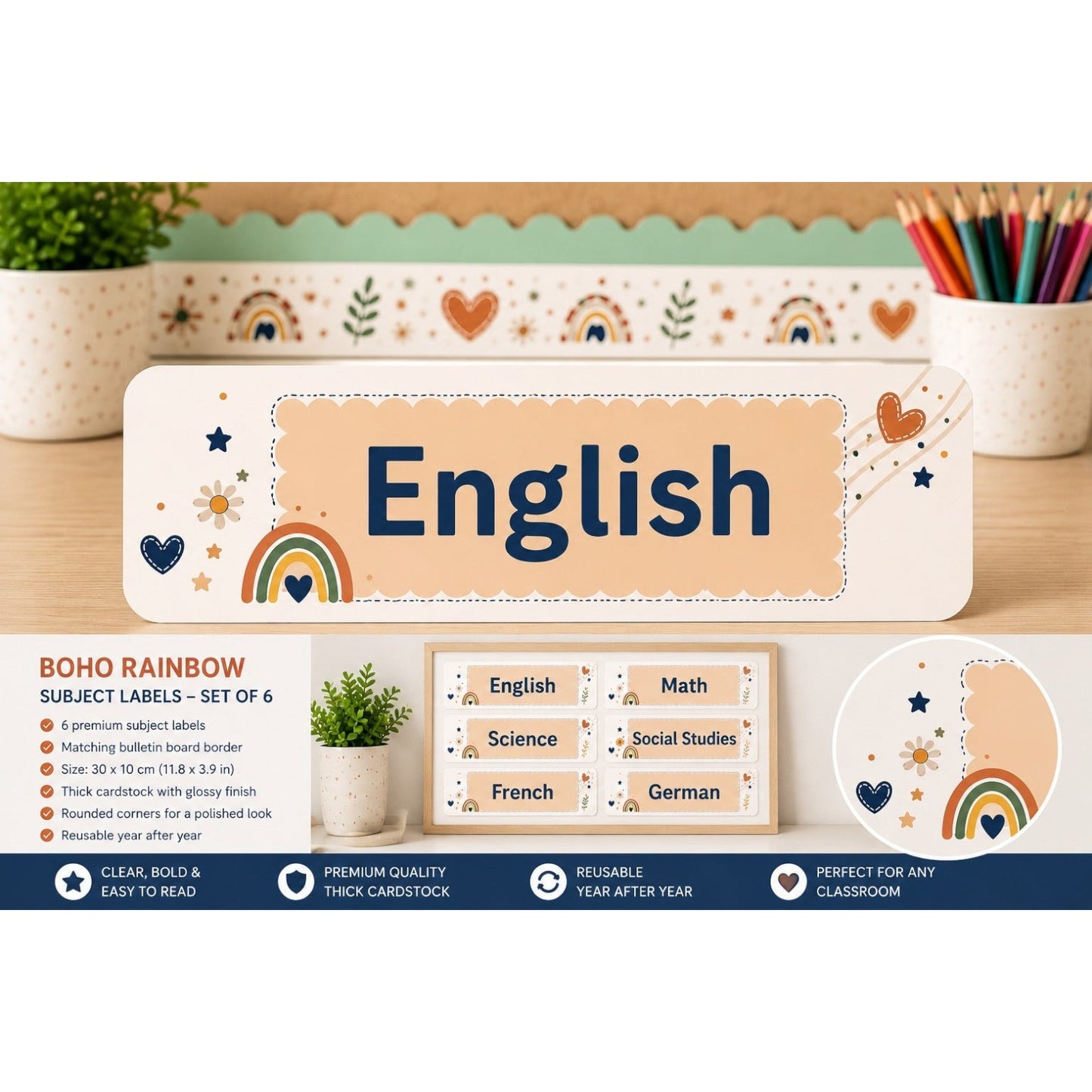 Elite Stationery House Boho Rainbow subject labels on cardstock with neutral tones and hand-drawn classroom designs.