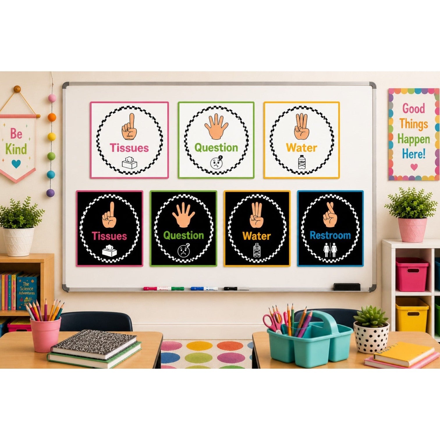 Elite Stationery House A4 landscape hand signals posters for classroom management displayed on a whiteboard.