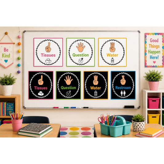 Elite Stationery House A4 landscape hand signals posters for classroom management displayed on a whiteboard.