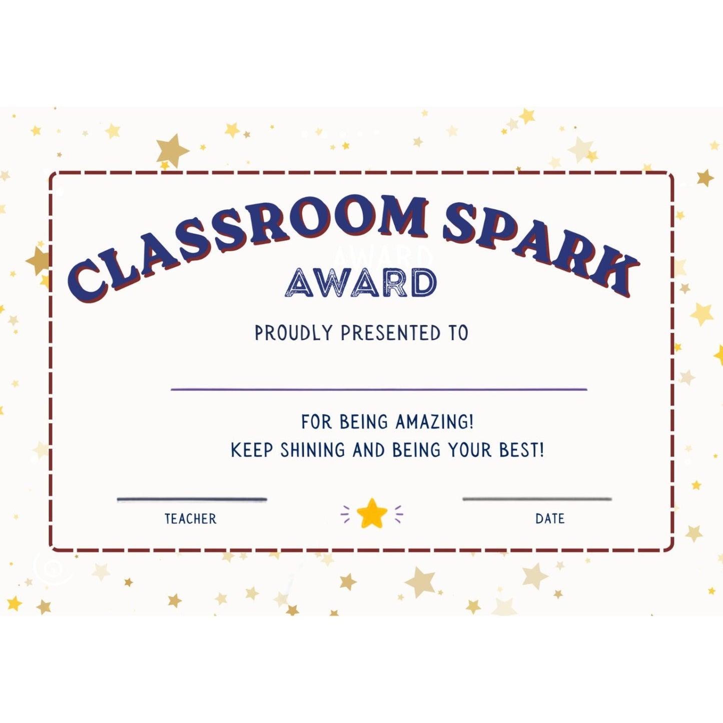 Elite Stationery House Classroom Spark reward certificate with gold stars and space for student name, teacher, and date