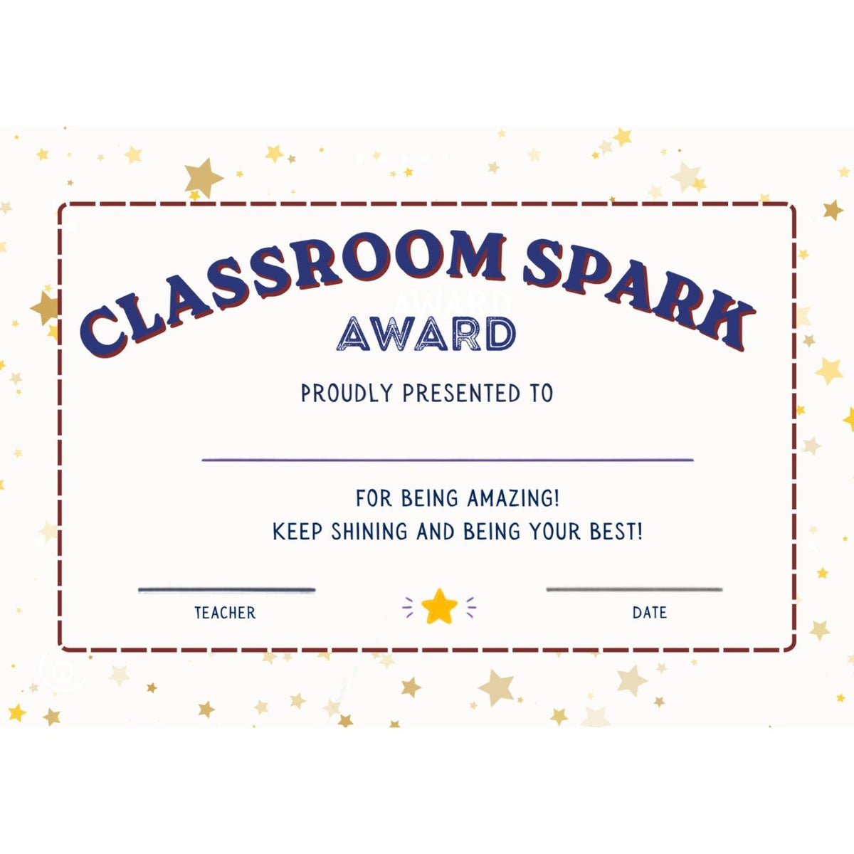 Elite Stationery House Classroom Spark reward certificate with gold stars and space for student name, teacher, and date