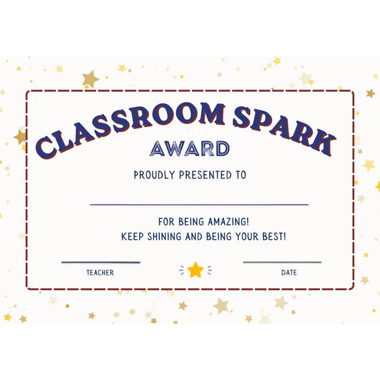 Elite Stationery House Classroom Spark reward certificate with gold stars and space for student name, teacher, and date