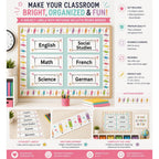 Elite Stationery House Doodle Celebration classroom subject labels and matching bulletin board borders set