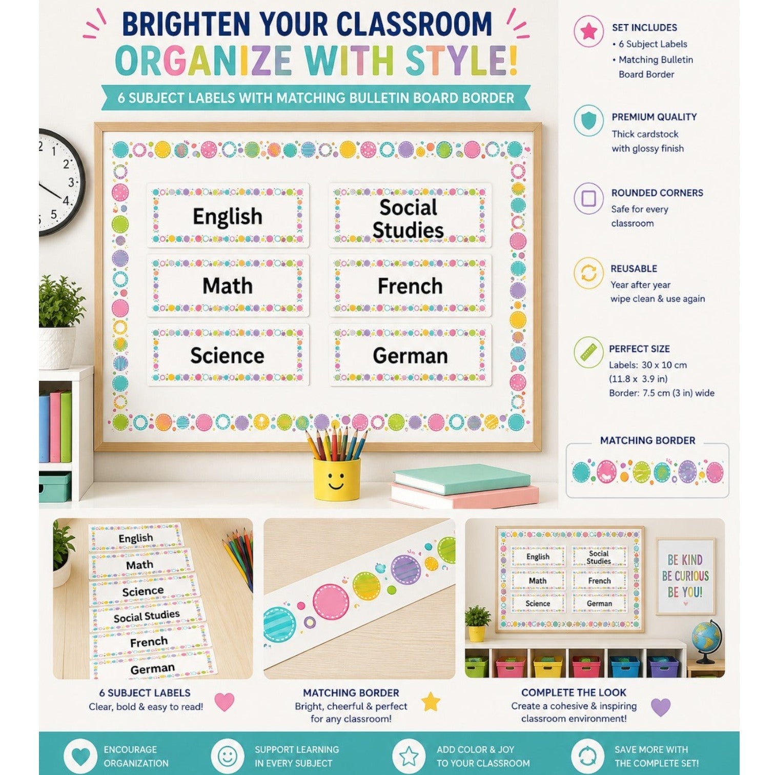 Elite Stationery House Color Pop classroom subject labels set with vibrant circular patterns and laminated finish