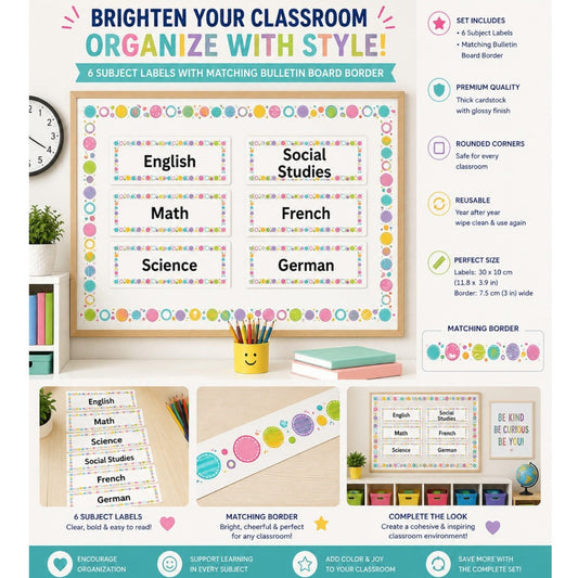 Elite Stationery House Color Pop classroom subject labels set with vibrant circular patterns and laminated finish