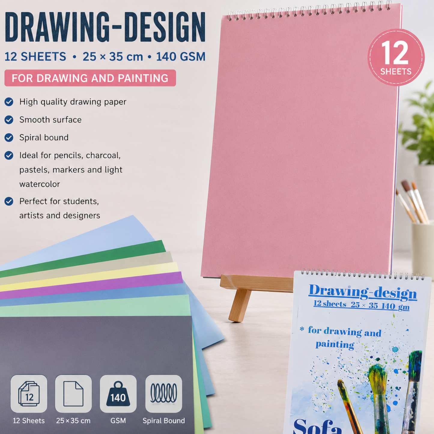 Elite Stationery House 25x35cm spiral-bound colored sketchbook with 12 sheets of 140gsm paper for artists.