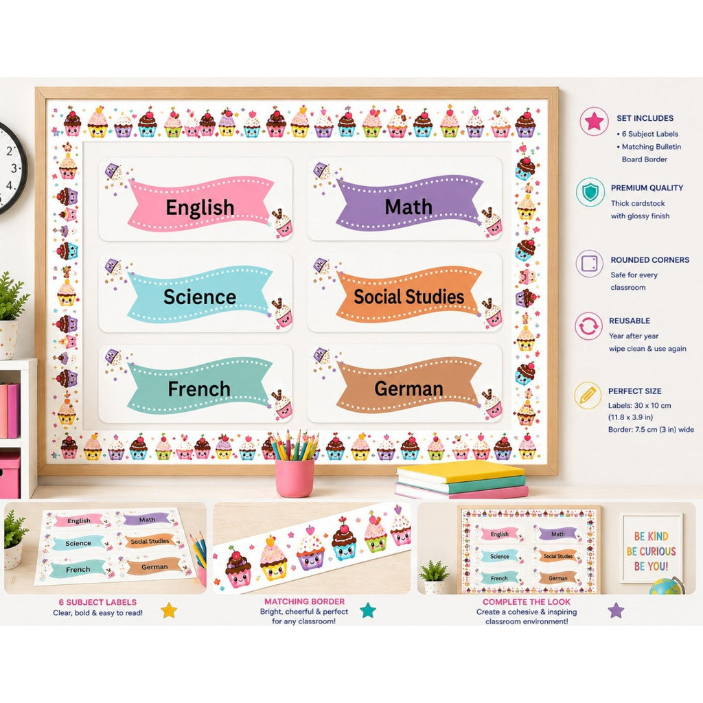Elite Stationery House set of 6 pastel cupcake themed classroom subject labels with ribbon banners on cardstock.