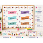 Elite Stationery House set of 6 pastel cupcake themed classroom subject labels with ribbon banners on cardstock.