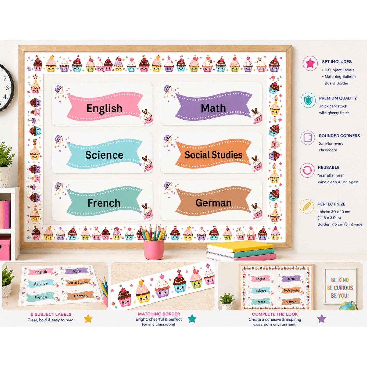 Elite Stationery House set of 6 pastel cupcake themed classroom subject labels with ribbon banners on cardstock.