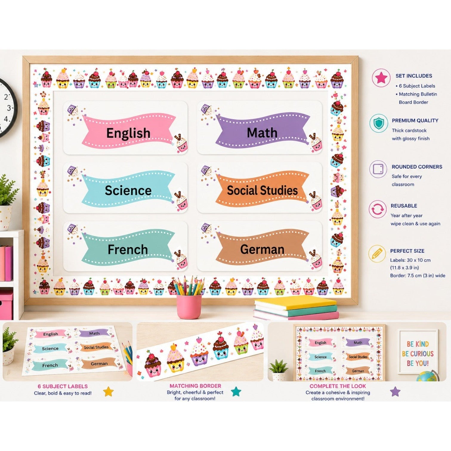 Elite Stationery House set of 6 pastel cupcake themed classroom subject labels with ribbon banners on cardstock.