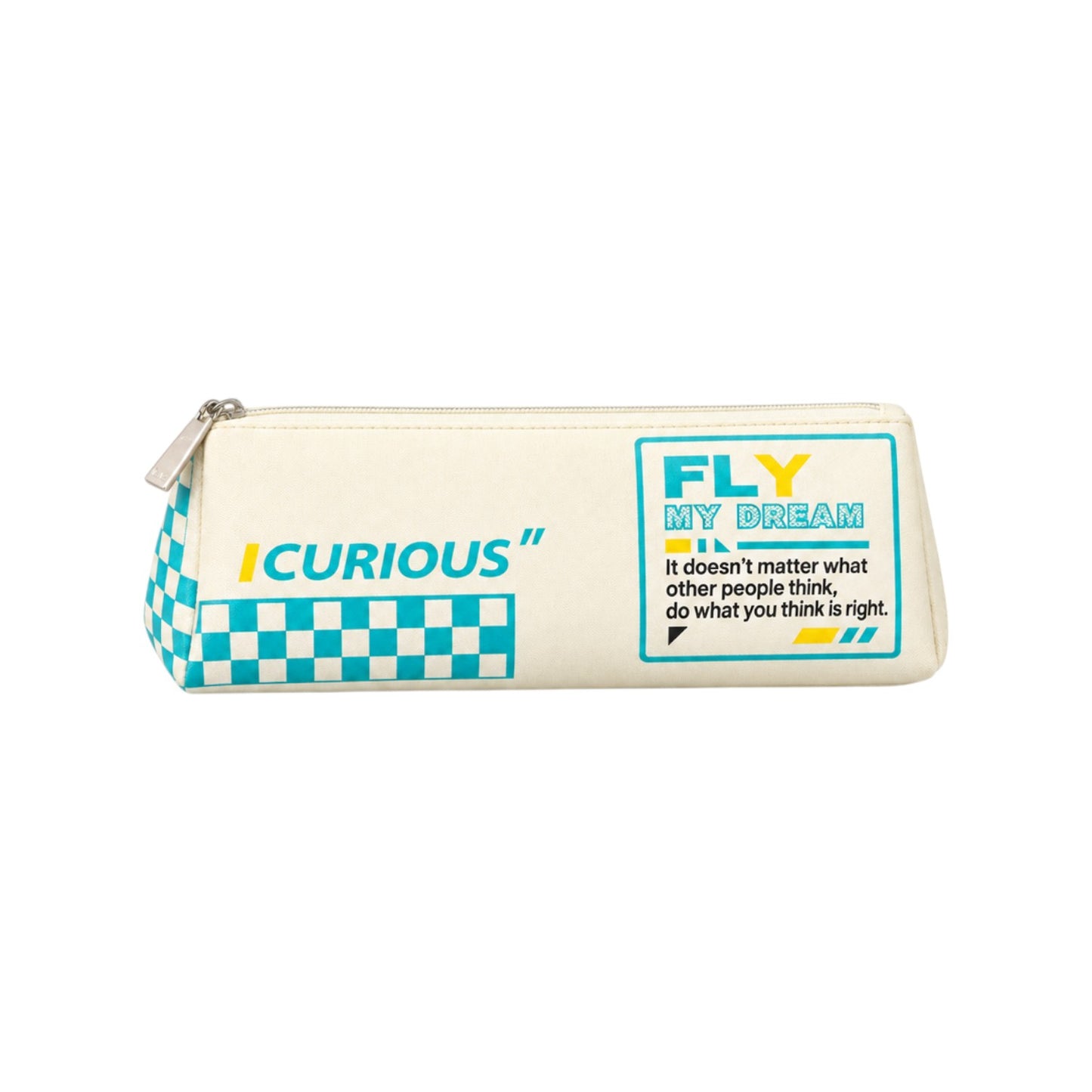 Elite Stationery House Curious pencil case in cream fabric with teal checkered pattern and inspirational text print.