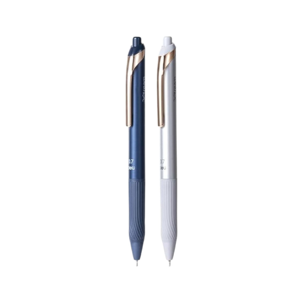 Elite Stationery House Deli Xtream 0.7mm ball point pens in blue and silver with soft grips and gold clips