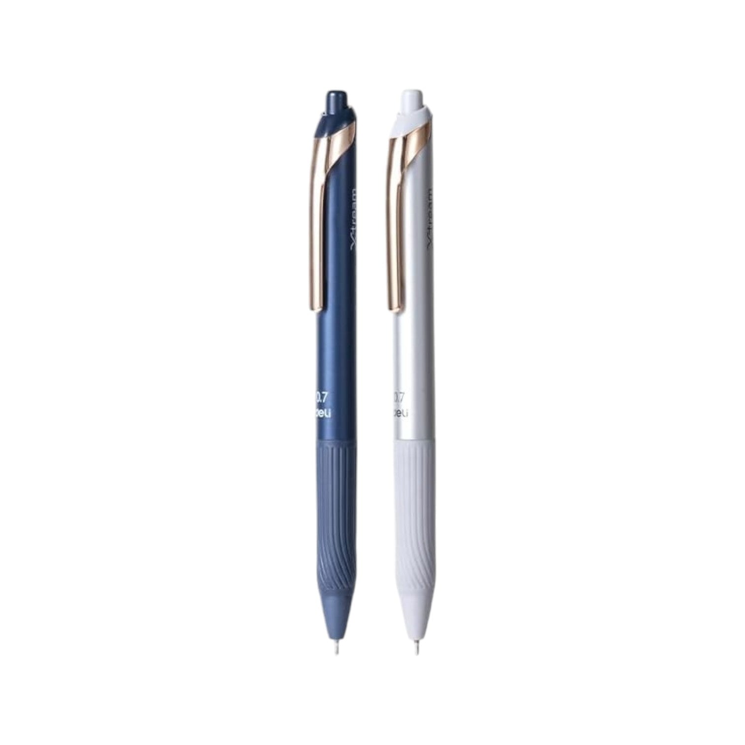 Elite Stationery House Deli Xtream 0.7mm ball point pens in blue and silver with soft grips and gold clips