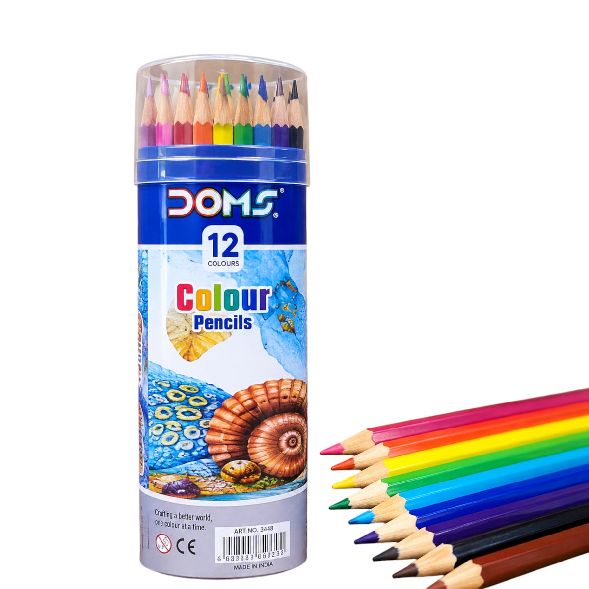 Elite Stationery House Doms 12-piece non-toxic triangular color pencil set in a cylindrical tin storage case