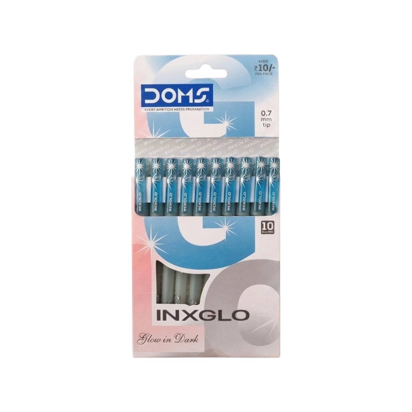 Elite Stationery House Doms INXGLO glow in the dark ballpen with blue ink and a 0.7mm needle tip in retail packaging