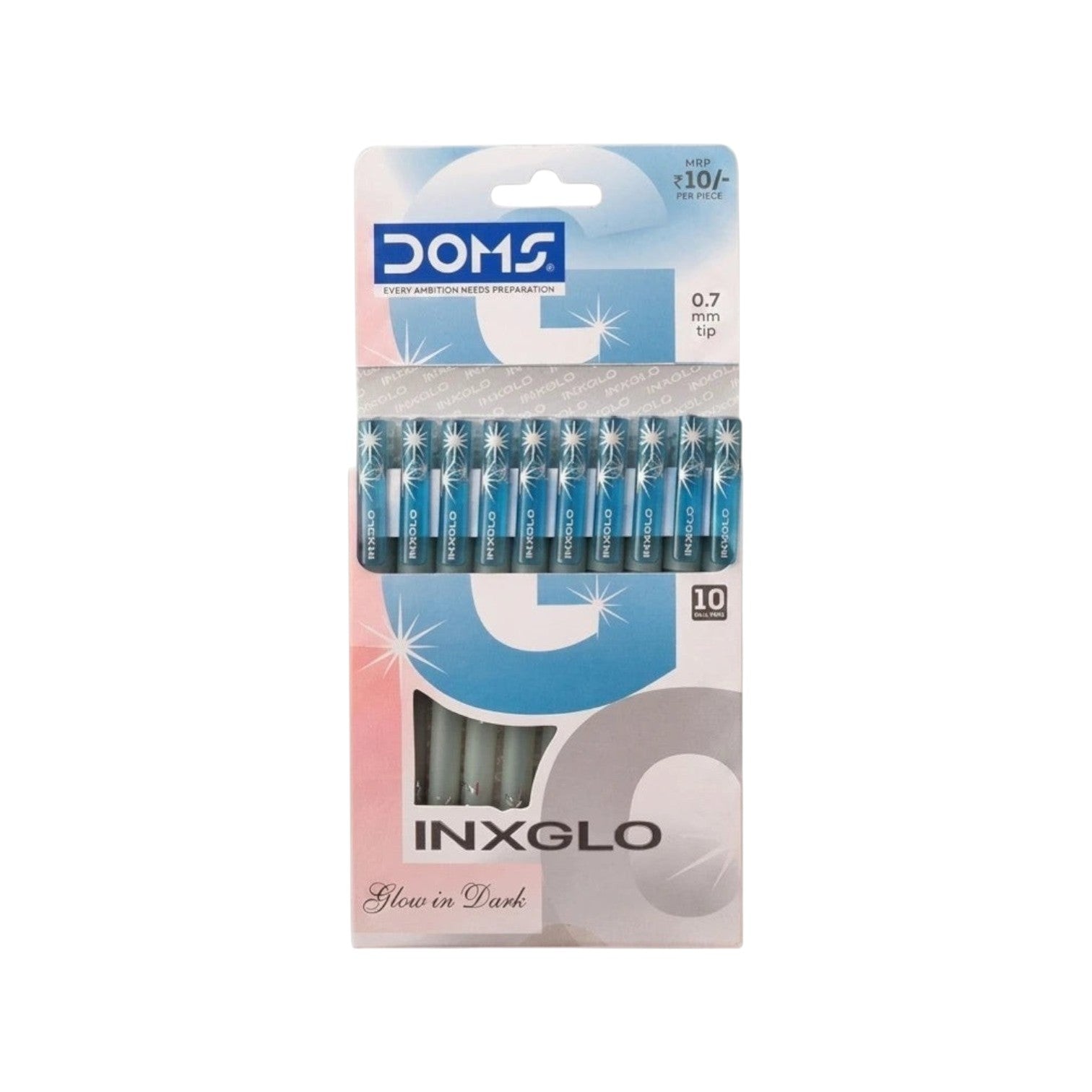 Elite Stationery House Doms INXGLO glow in the dark ballpen with blue ink and a 0.7mm needle tip in retail packaging
