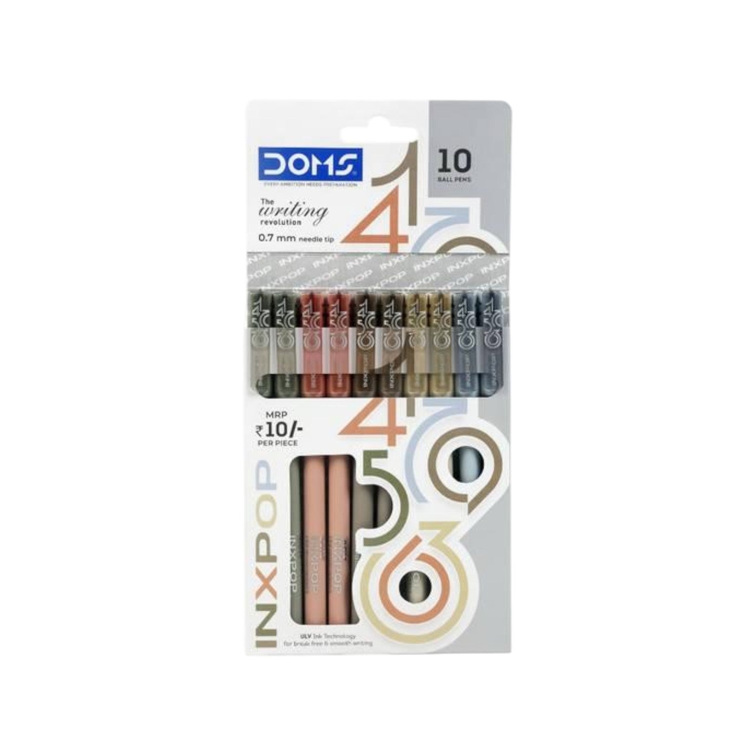 Elite Stationery House Doms INXPOP 0.7mm ballpoint pens in assorted colors with ULV ink technology in retail packaging