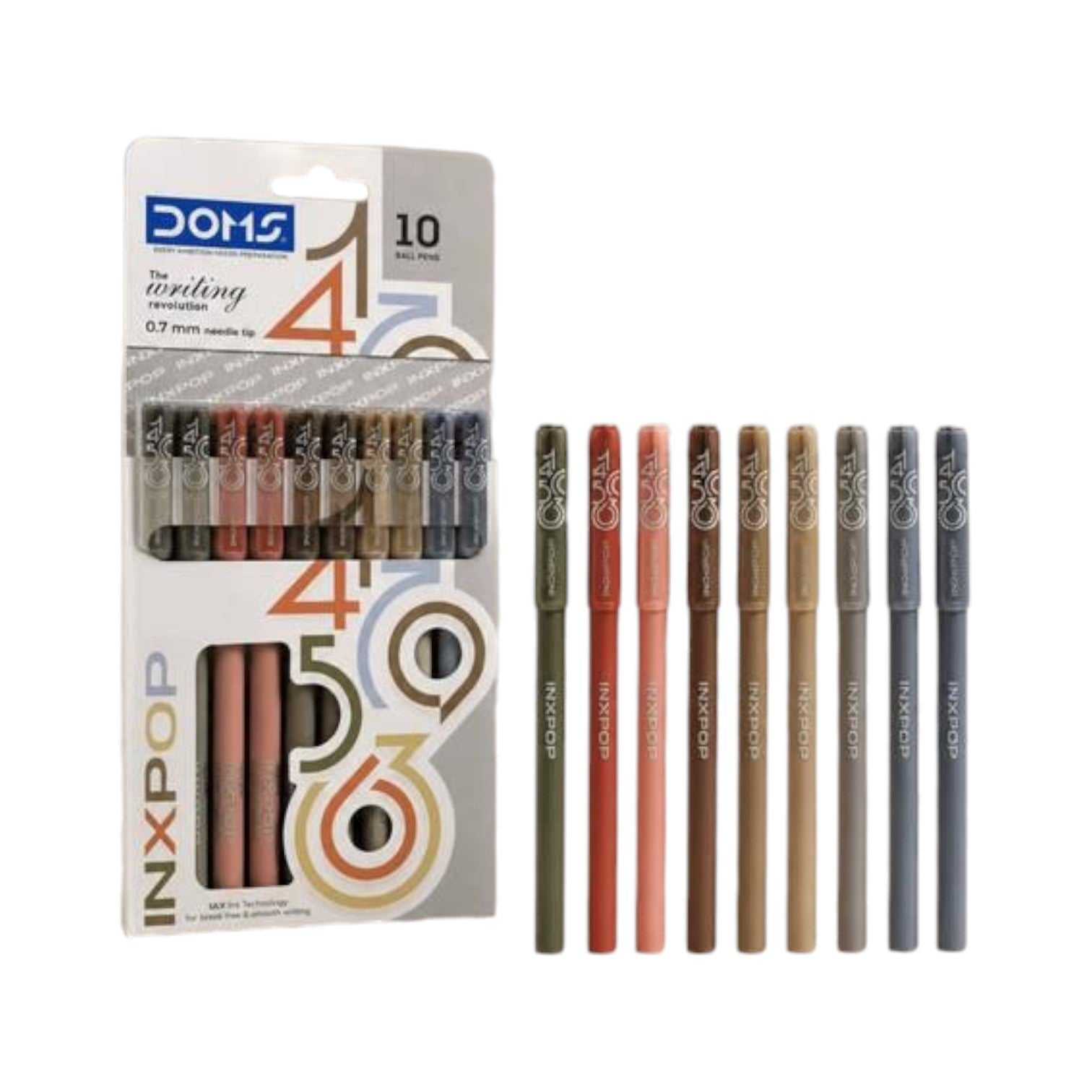 Elite Stationery House Doms INXPOP 0.7mm ballpoint pens in assorted earthy tones with a 10-pack retail display card.