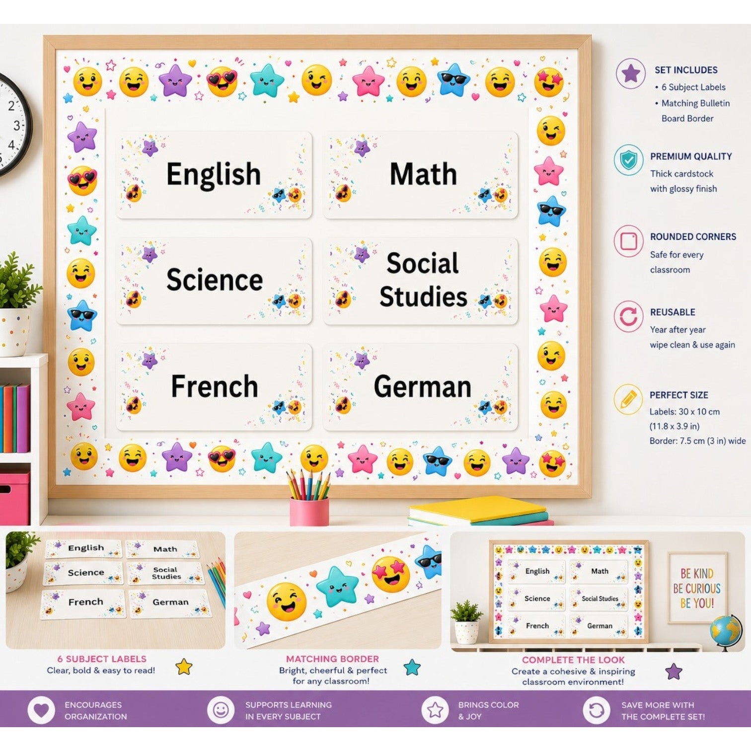 Elite Stationery House Emoji Celebration subject labels set with colorful star and emoji border for classroom decor