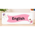 Elite Stationery House English subject label with a cute cupcake design and pastel pink ribbon on laminated cardstock