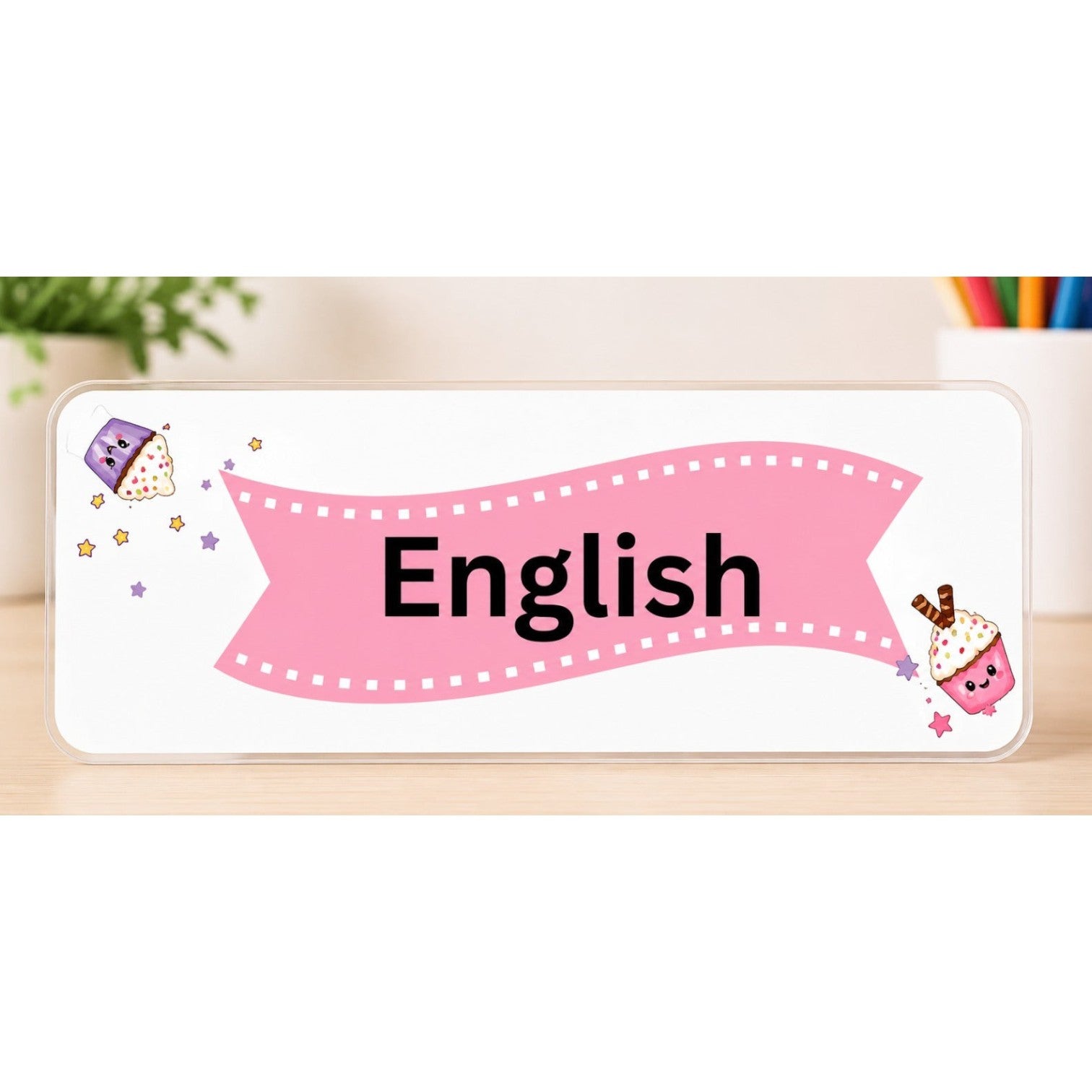 Elite Stationery House English subject label with a cute cupcake design and pastel pink ribbon on laminated cardstock