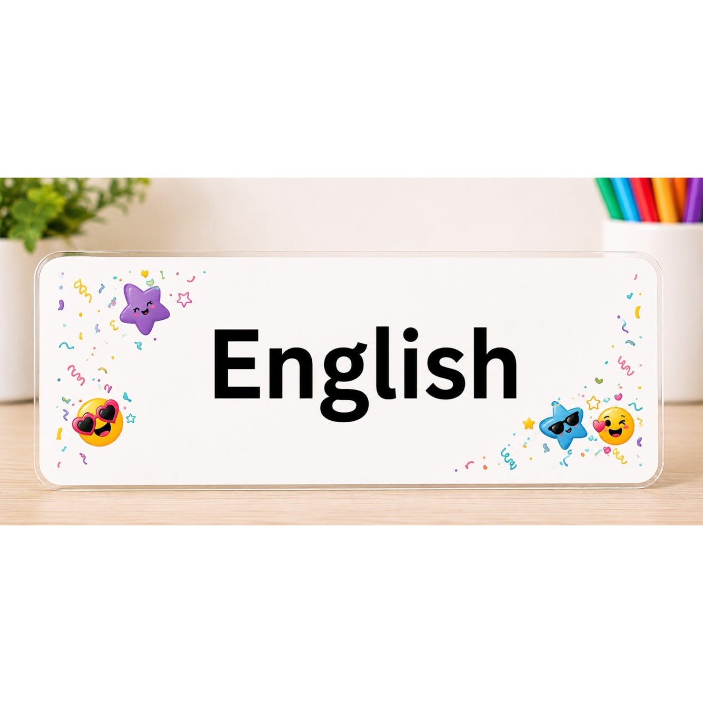 Elite Stationery House English subject label with colorful emoji, star, and confetti designs on a white background.
