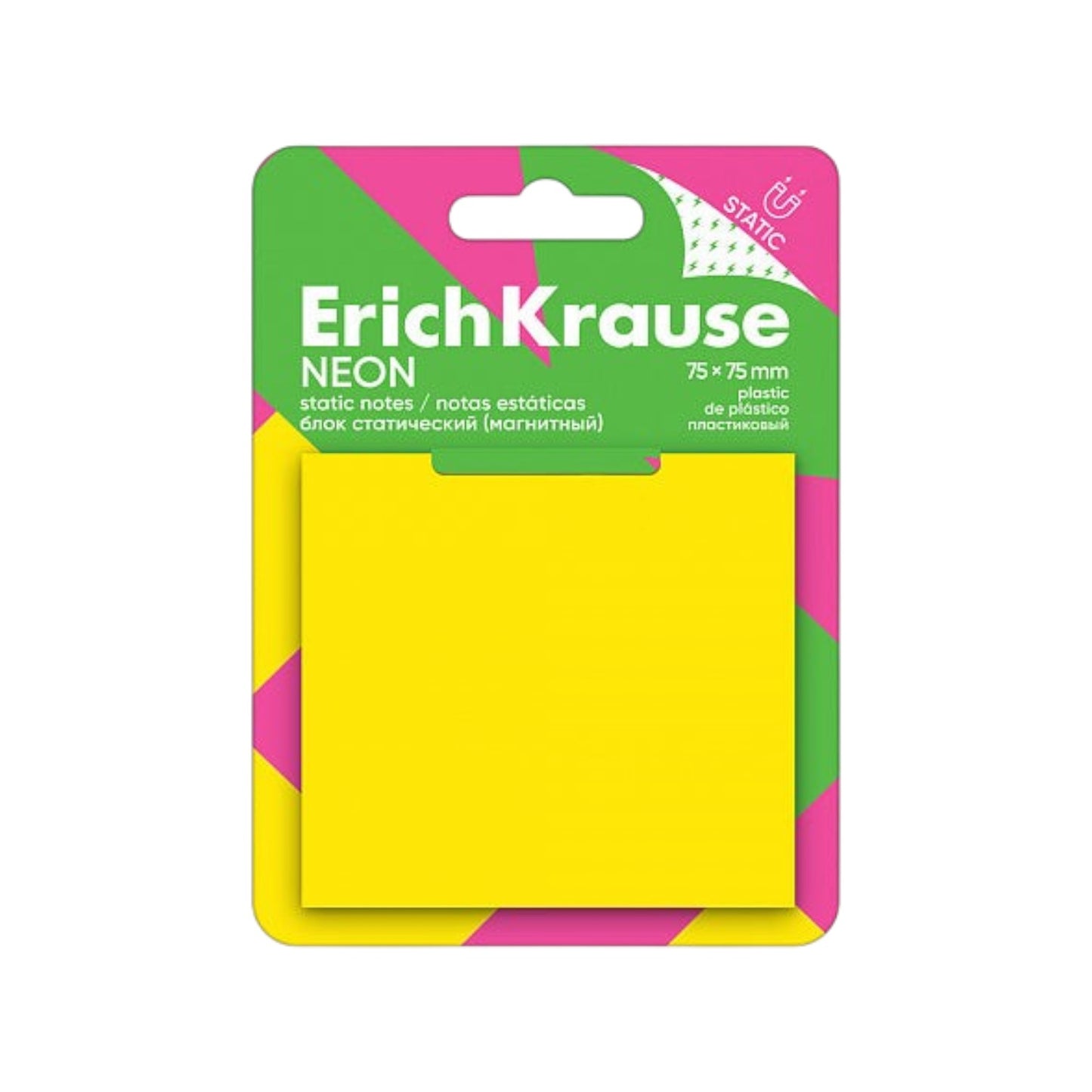 Elite Stationery House Erich Krause neon yellow static notes in 75x75mm square format on branded display card