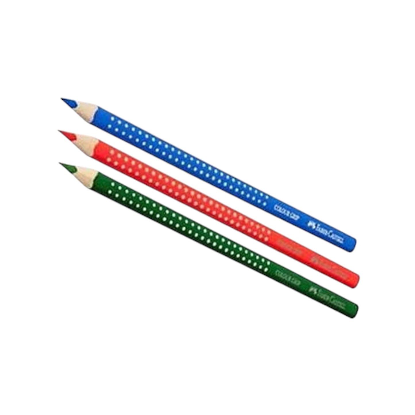 Elite Stationery House Faber-Castell Grip color pencils in blue, red, and green with signature ergonomic dot grip