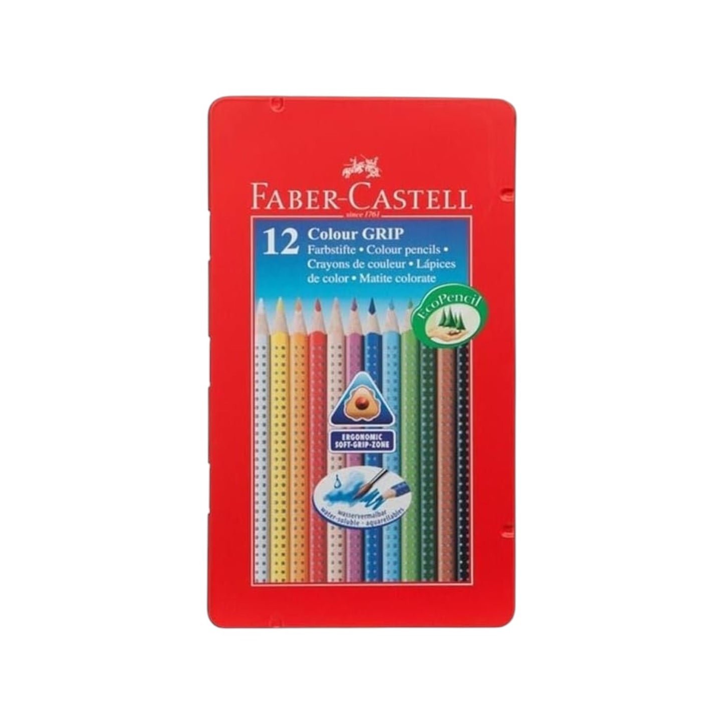Elite Stationery House Faber-Castell Grip color pencils in a red metal tin containing 12 ergonomic triangular pencils