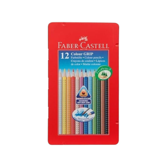 Elite Stationery House Faber-Castell Grip color pencils in a red metal tin containing 12 ergonomic triangular pencils