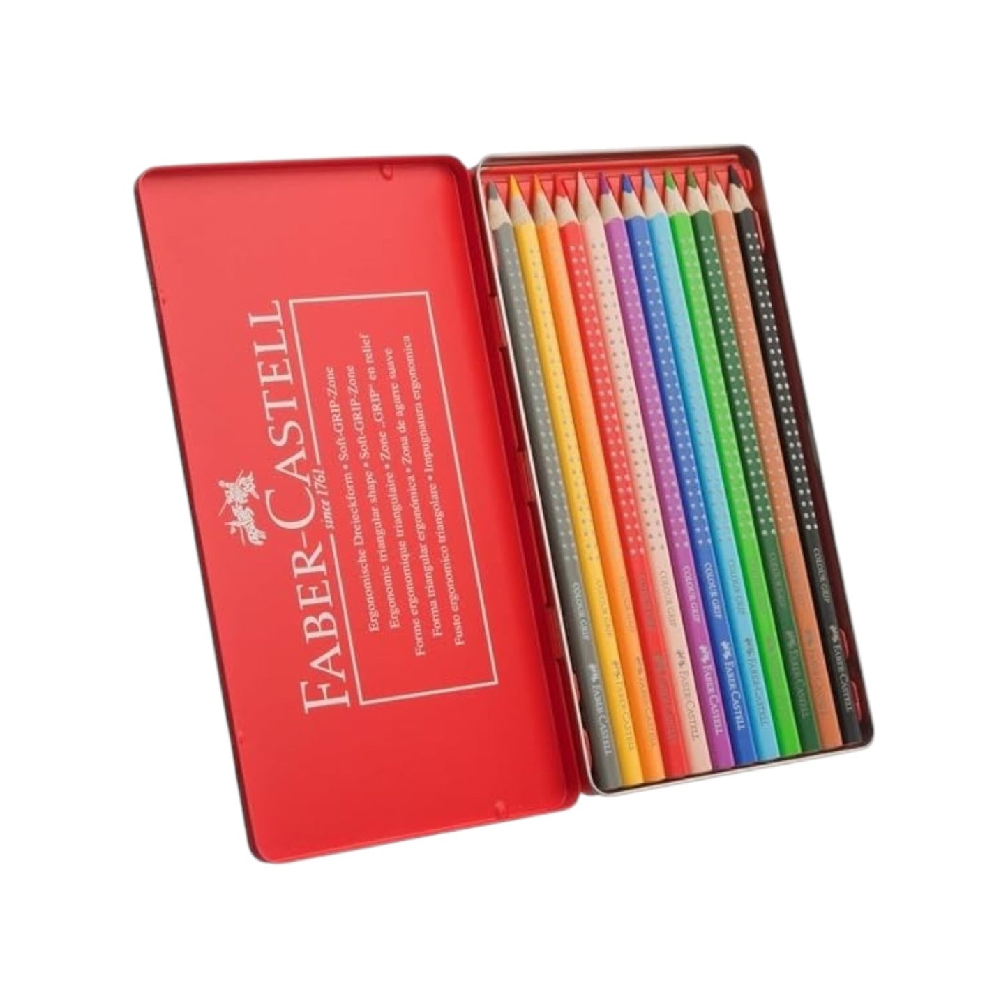 Elite Stationery House Faber-Castell Grip color pencils in a red metal tin with 12 triangular ergonomic pencils