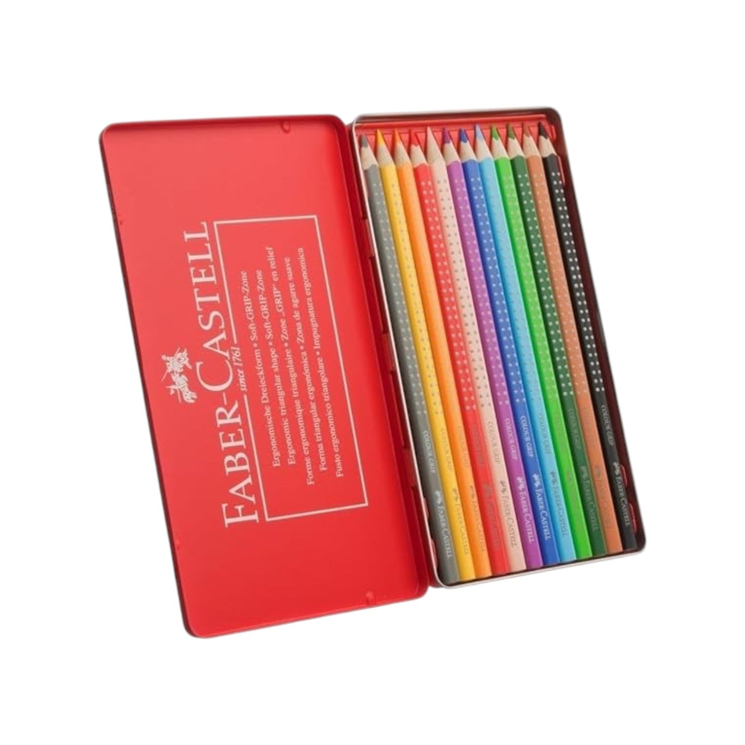 Elite Stationery House Faber-Castell Grip color pencils in a red metal tin with 12 triangular ergonomic pencils