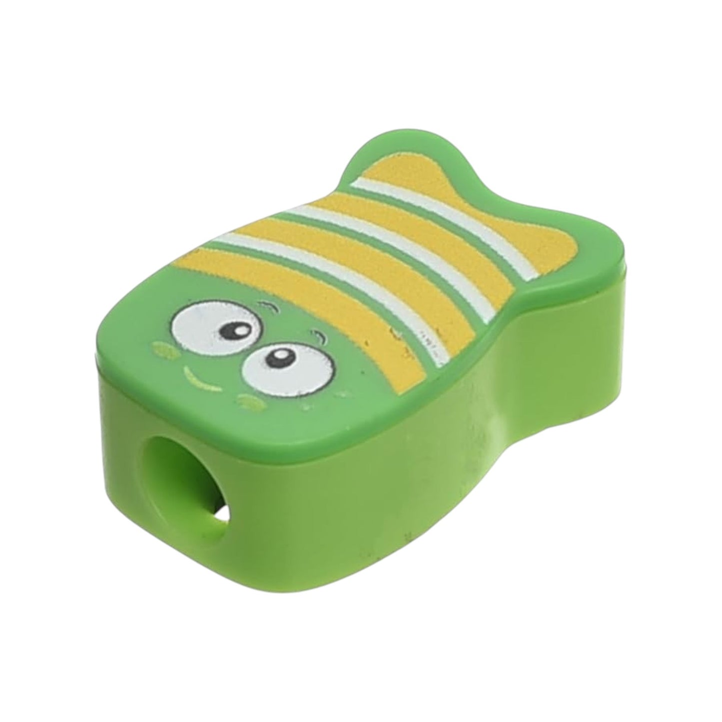 Elite Stationery House fish-shaped green plastic pencil sharpener with yellow stripes and a stainless steel blade