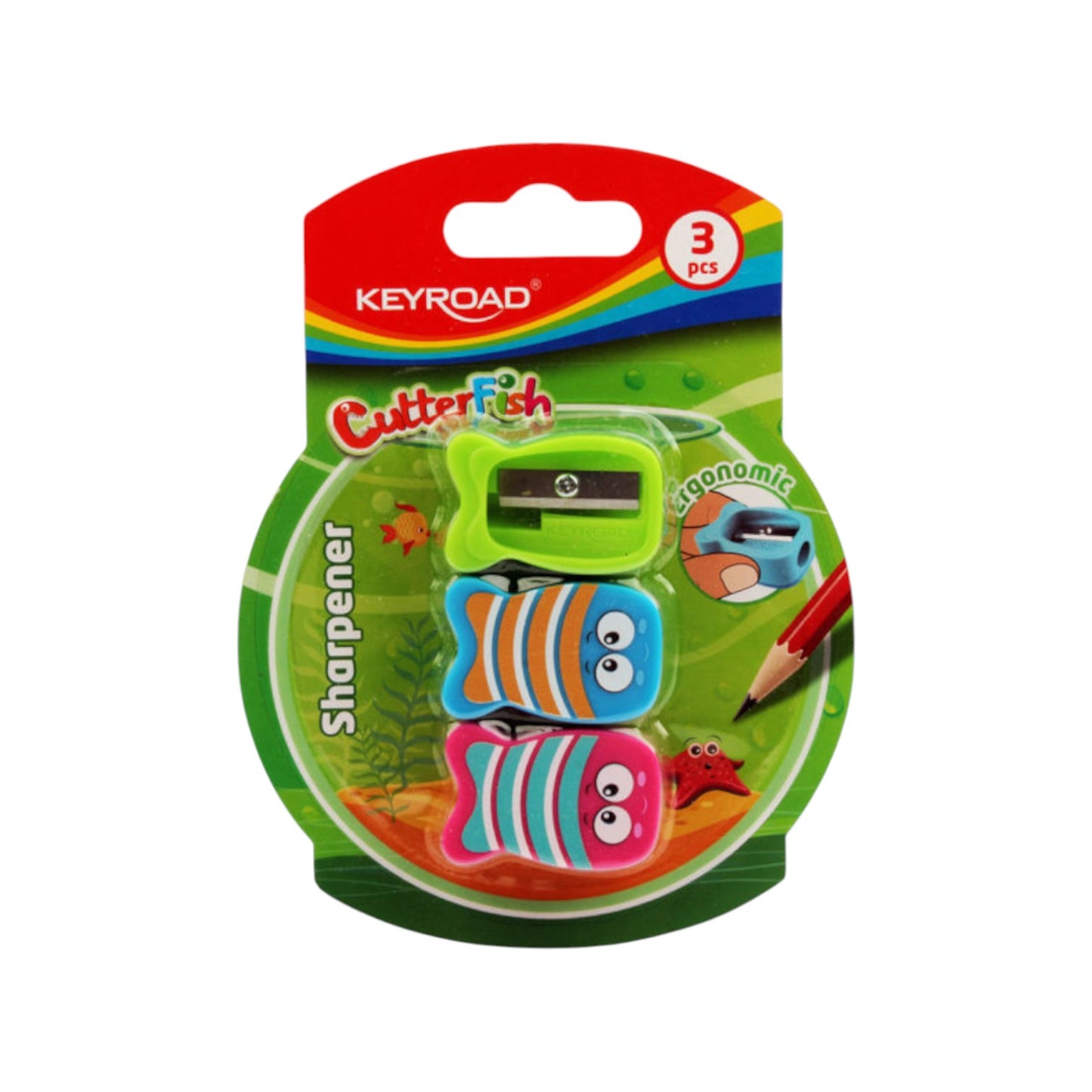 Elite Stationery House Keyroad fish-shaped plastic pencil sharpeners in green, blue, and pink with stainless blades.