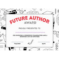Elite Stationery House Future Author award certificate with black and white school supply border and red text