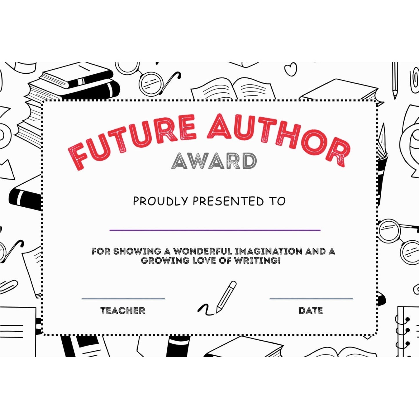 Elite Stationery House Future Author award certificate with black and white school supply border and red text
