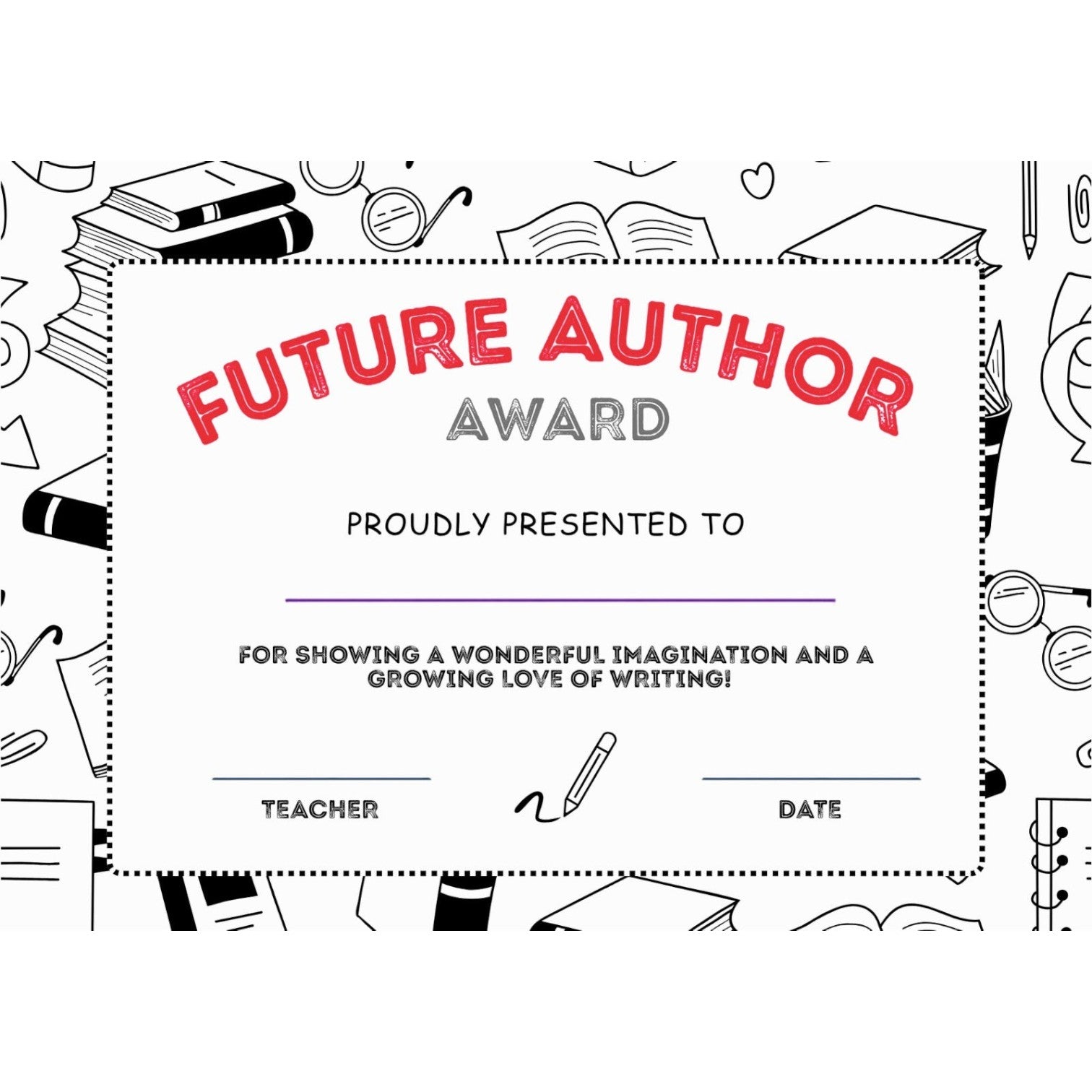 Elite Stationery House Future Author award certificate with black and white school supply border and red text