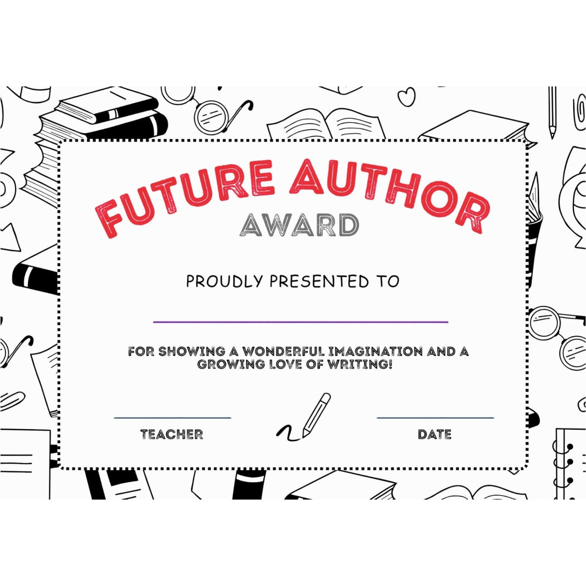 Elite Stationery House Future Author award certificate with black and white school supply border and red text