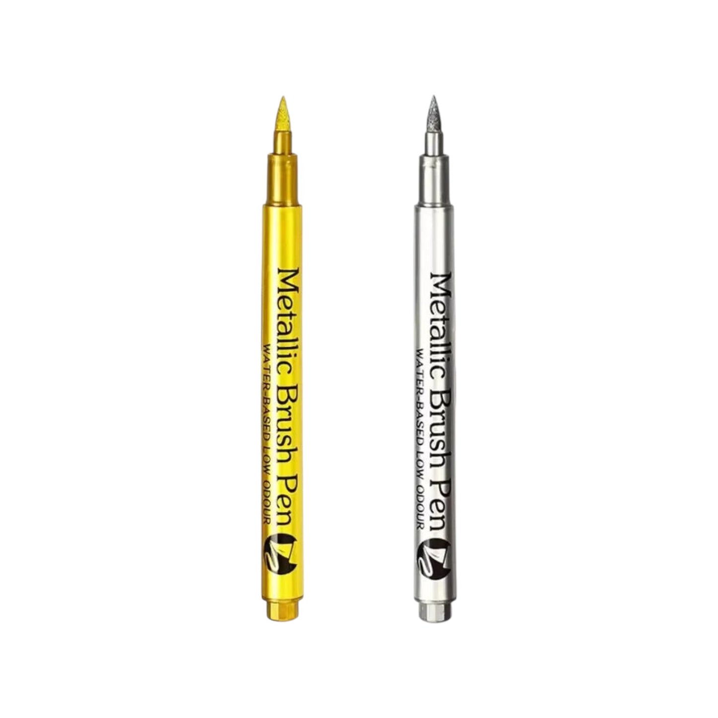 Elite Stationery House metallic brush pens in gold and silver with soft tips for craft projects on glass and ceramic.