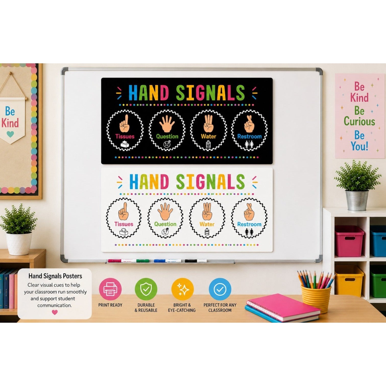 Elite Stationery House A4 landscape hand signals posters for classroom communication, featuring black and white designs.