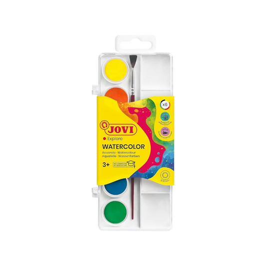 Elite Stationery House Jovi watercolor paint set with 6 vibrant water-dilutable tablets and a small painting brush.