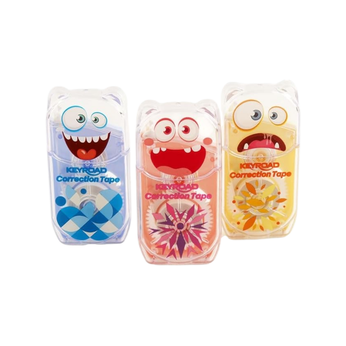 Elite Stationery House Keyroad correction tape set in blue, orange, and yellow with fun monster character designs.