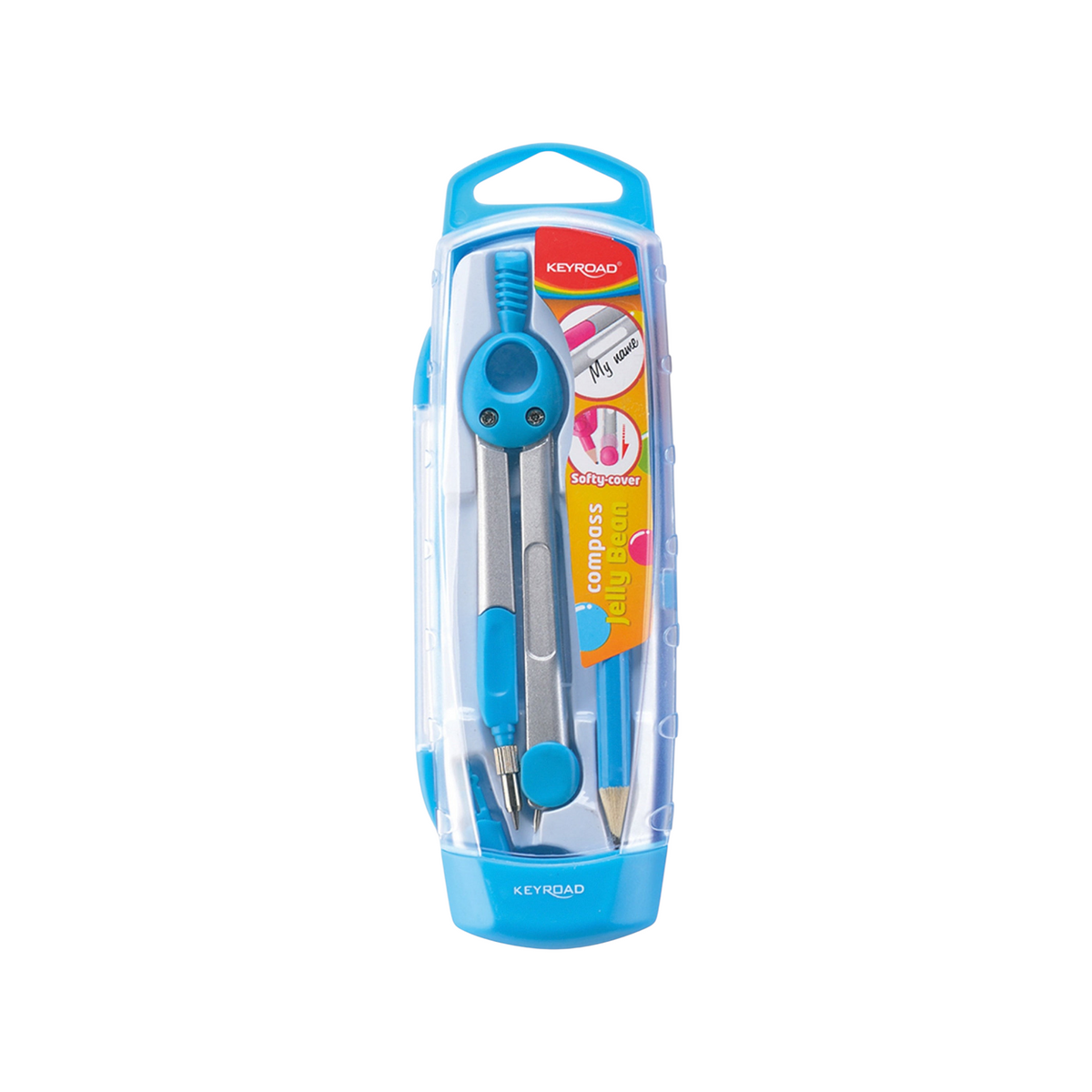 Elite Stationery House Keyroad metal compass in blue with pencil and leads, stored in a protective plastic case.