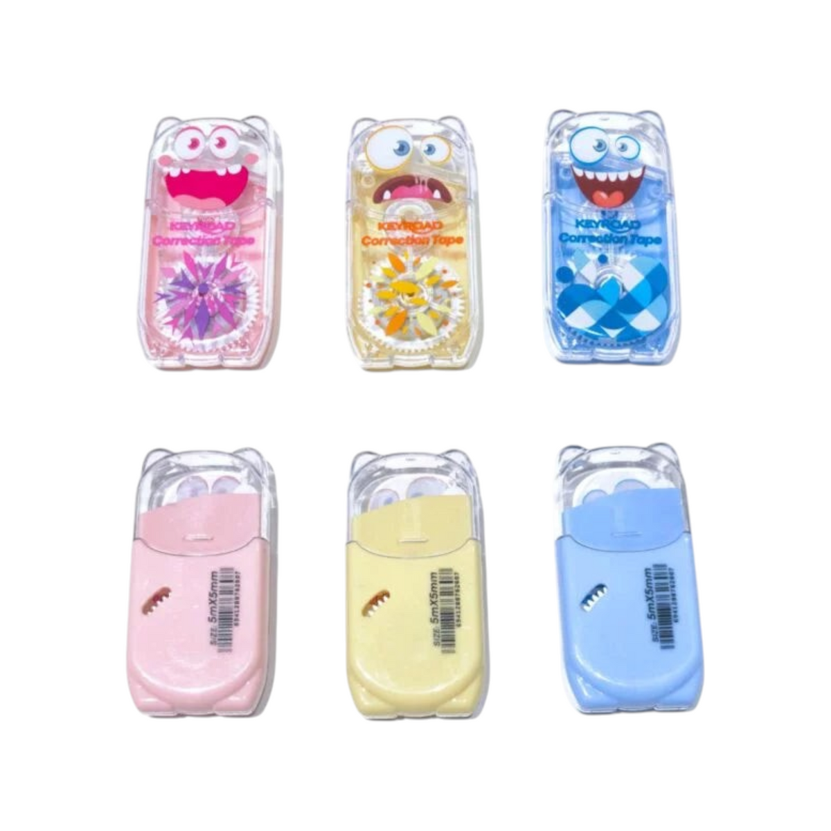 Elite Stationery House Keyroad pastel correction tapes with cute monster designs in pink, yellow, and blue