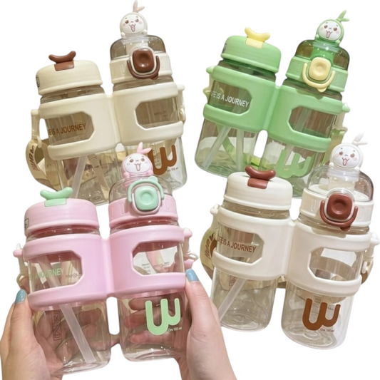 Elite Stationery House kids double water bottle set with straws, leak-proof lids, and cute cartoon character toppers.